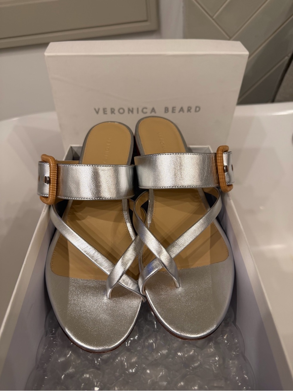 Veronica Beard Metallic Silver Thong Sandals with Tan Buckle Detail